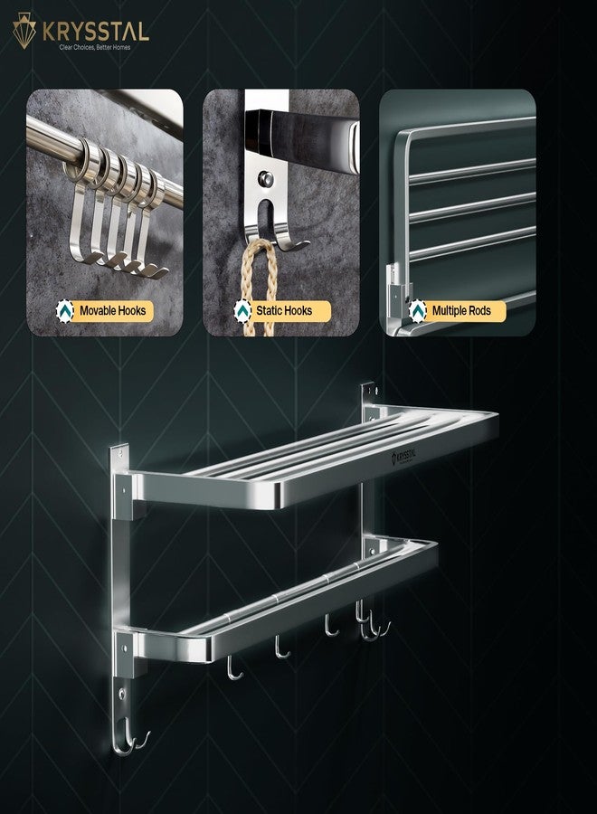 KRYSSTAL Towel Holder in Bathroom - Towel Hanger for Wall,TwinFlex 304 Stainless Steel Foldable Towel Rack, Rustproof Wall Mounted Bathroom Shelf with Hooks, Heavy Duty Bathroom Accessories,24 Inch, Silver - Image 4
